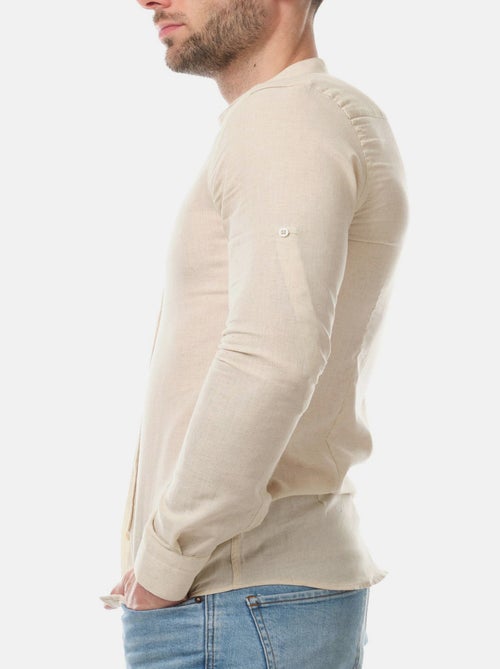 Chemise manches longues en lin col mao - Kiabi