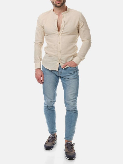 Chemise manches longues en lin col mao - Kiabi