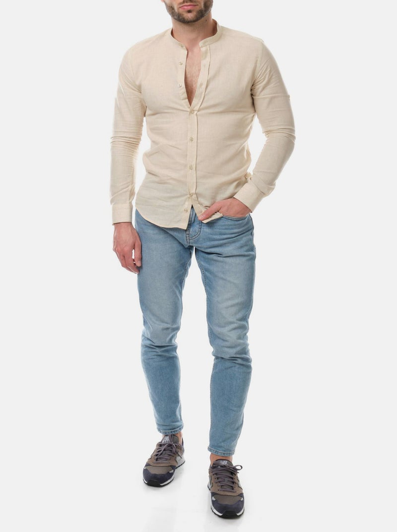 Chemise manches longues en lin col mao Beige clair - Kiabi