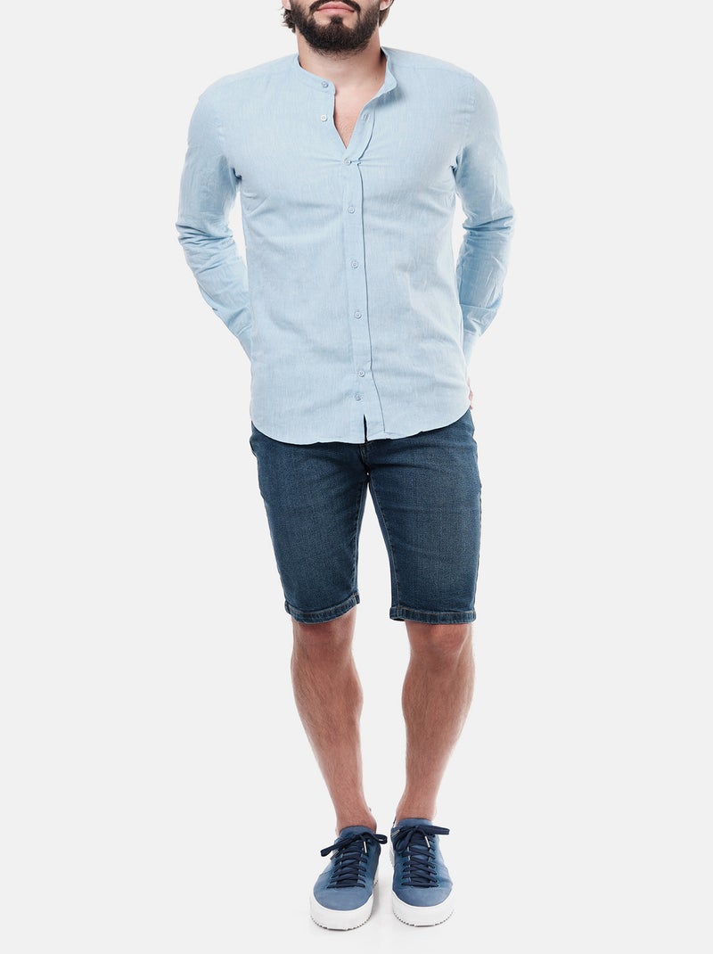 Chemise manches longues en lin col mao Bleu ciel - Kiabi