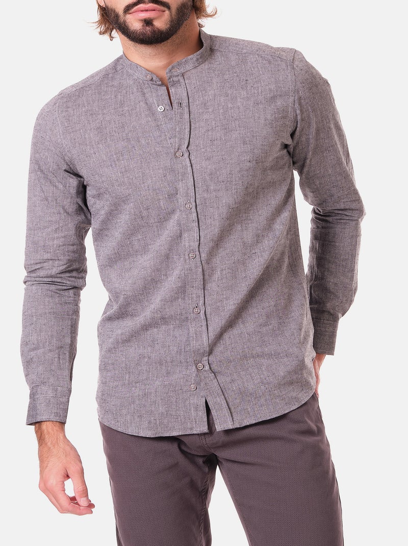 Chemise manches longues en lin col mao gris anthracite - Kiabi