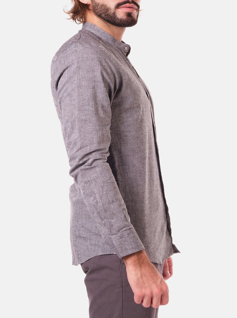 Chemise manches longues en lin col mao gris anthracite - Kiabi