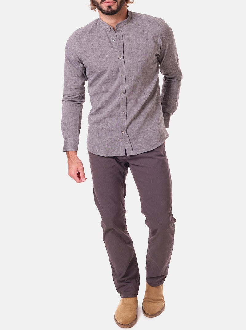Chemise manches longues en lin col mao gris anthracite - Kiabi