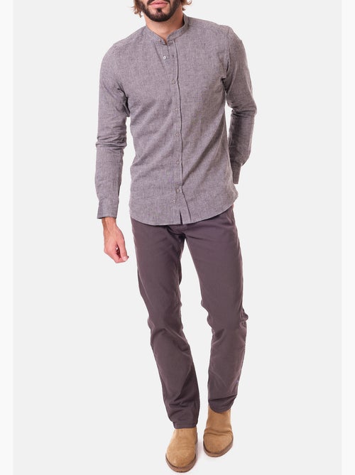 Chemise manches longues en lin col mao - Kiabi