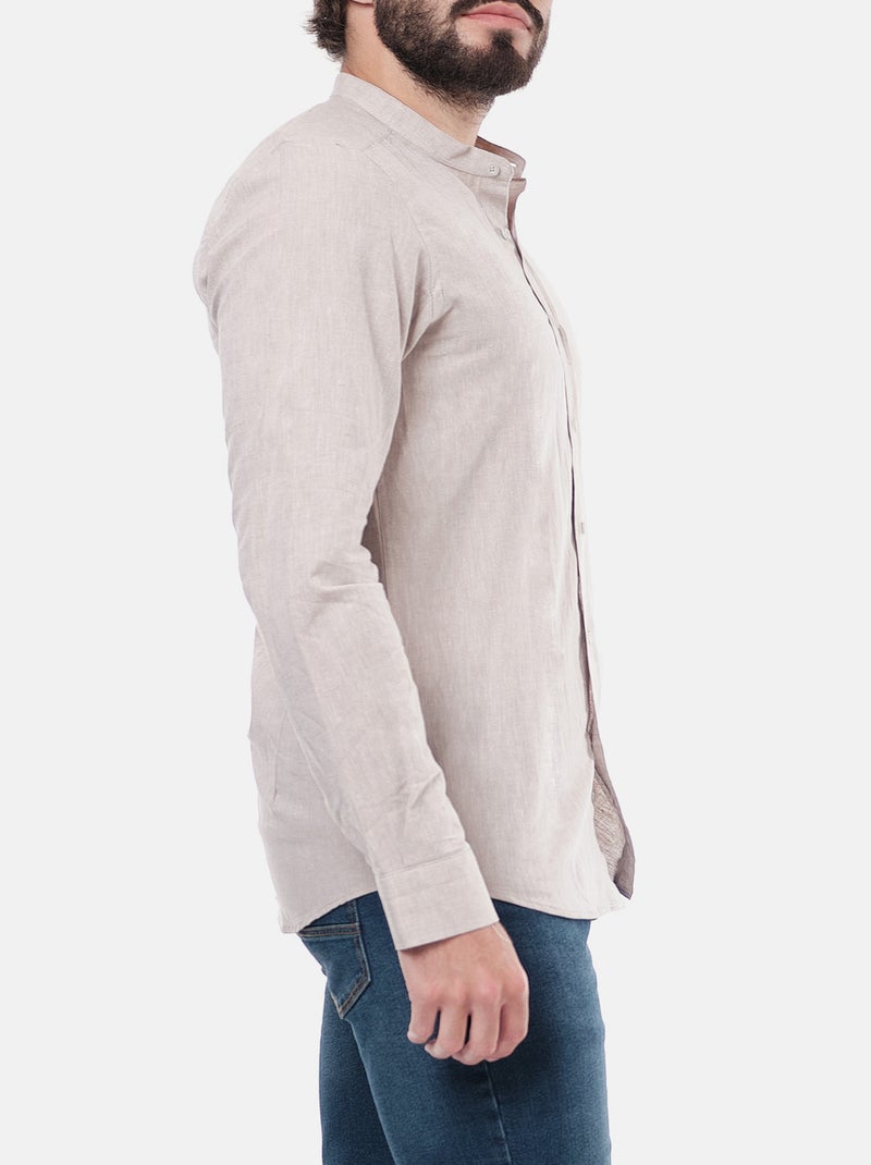 Chemise manches longues en lin col mao Marron glacé - Kiabi