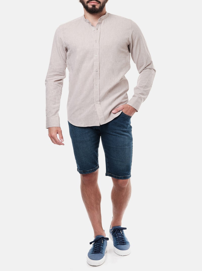 Chemise manches longues en lin col mao Marron glacé - Kiabi