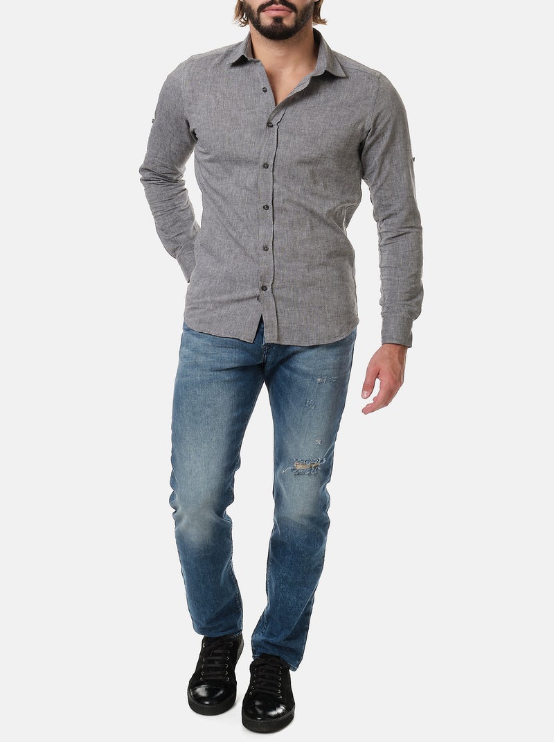 Chemise manches longues en lin gris anthracite - Kiabi