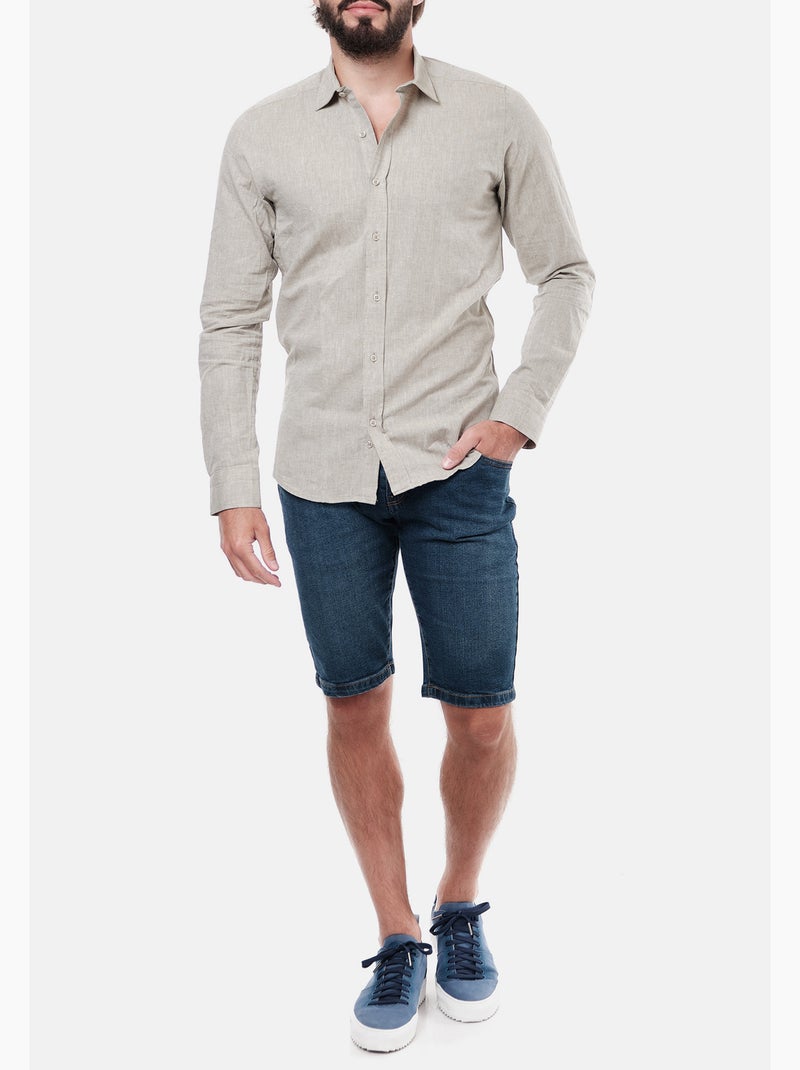 Chemise manches longues en lin Kaki - Kiabi