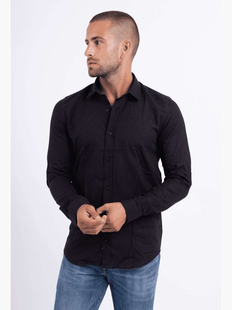 Chemise manches longues en lin Noir - Kiabi
