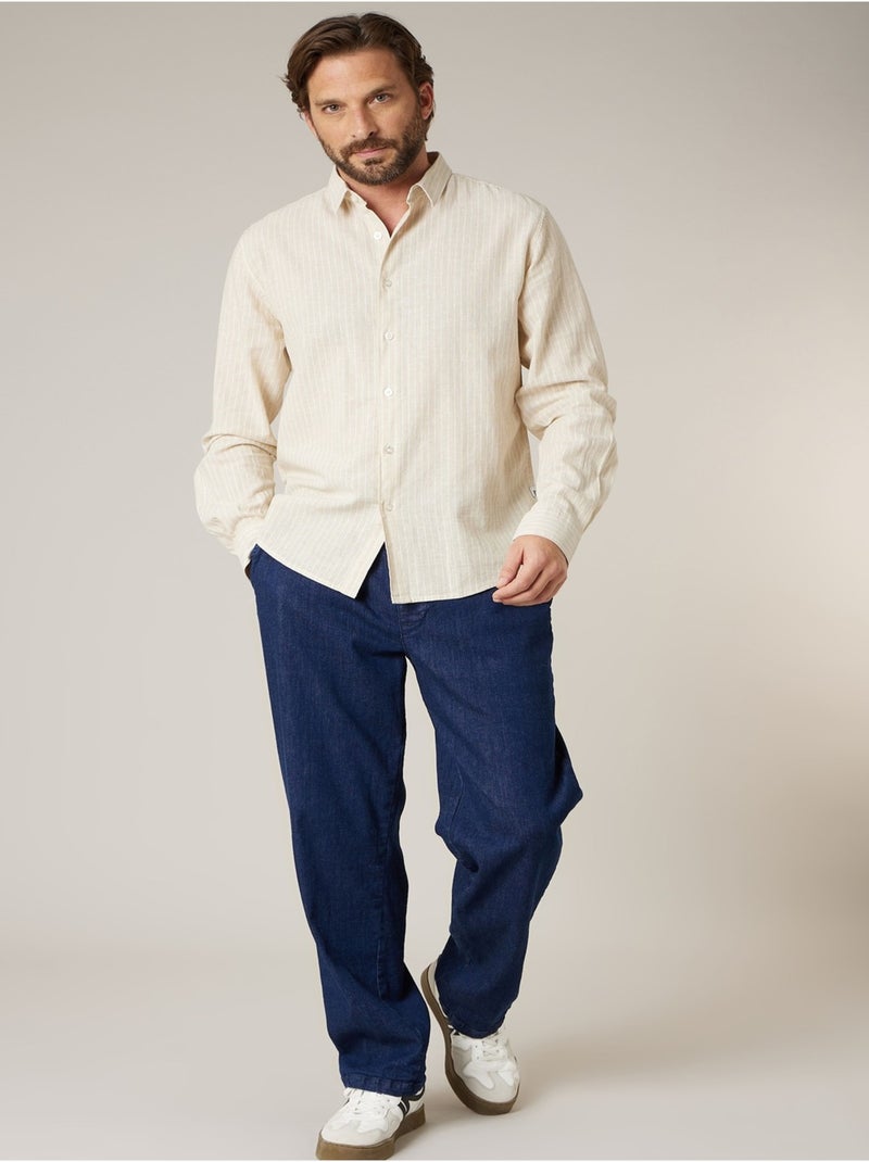 Chemise manches longues homme en lin à légères rayures 'Deeluxe' Beige coquille - Kiabi