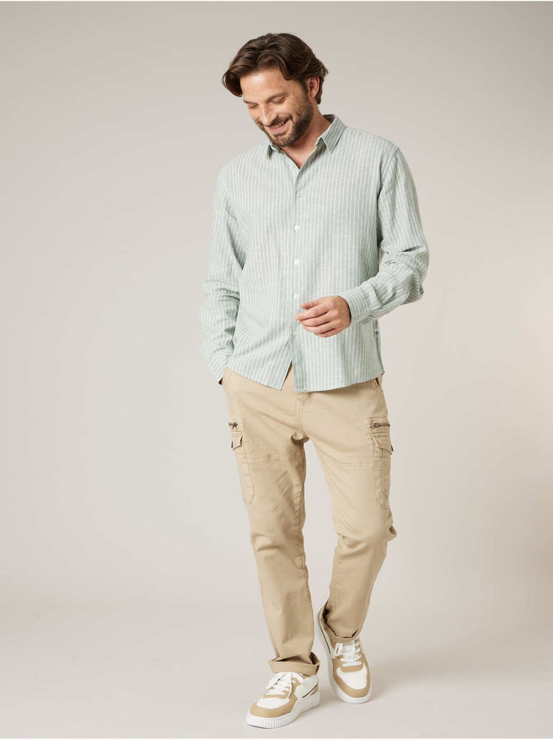 Chemise manches longues homme en lin à légères rayures 'Deeluxe' Vert tilleul - Kiabi