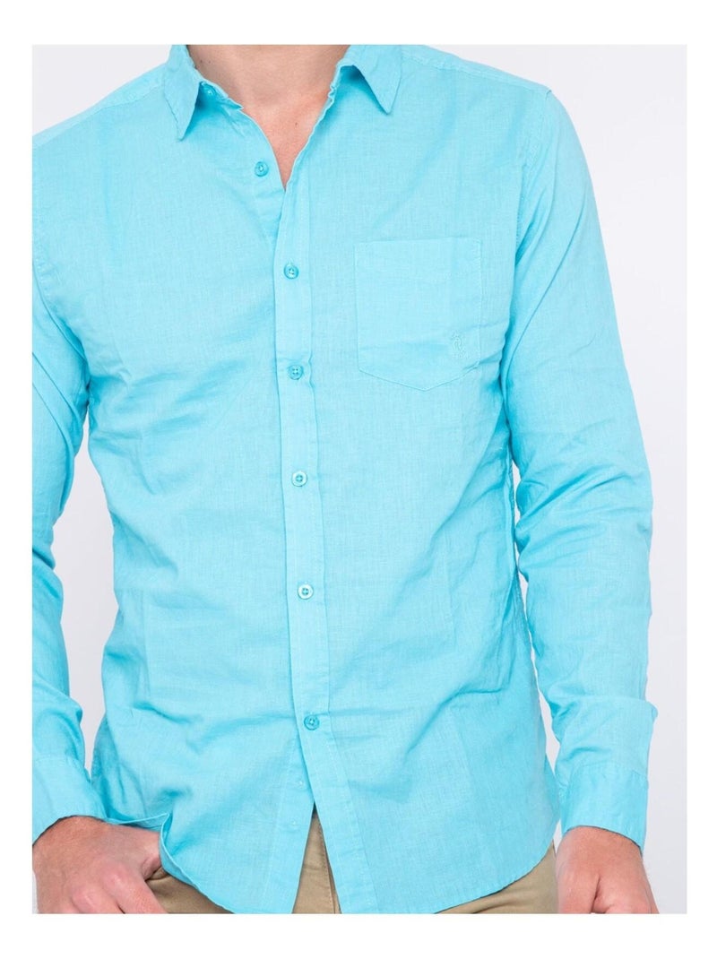 Chemise manches longues lin et coton DALICOT Bleu turquoise - Kiabi