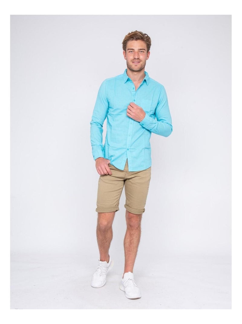 Chemise manches longues lin et coton DALICOT Bleu turquoise - Kiabi