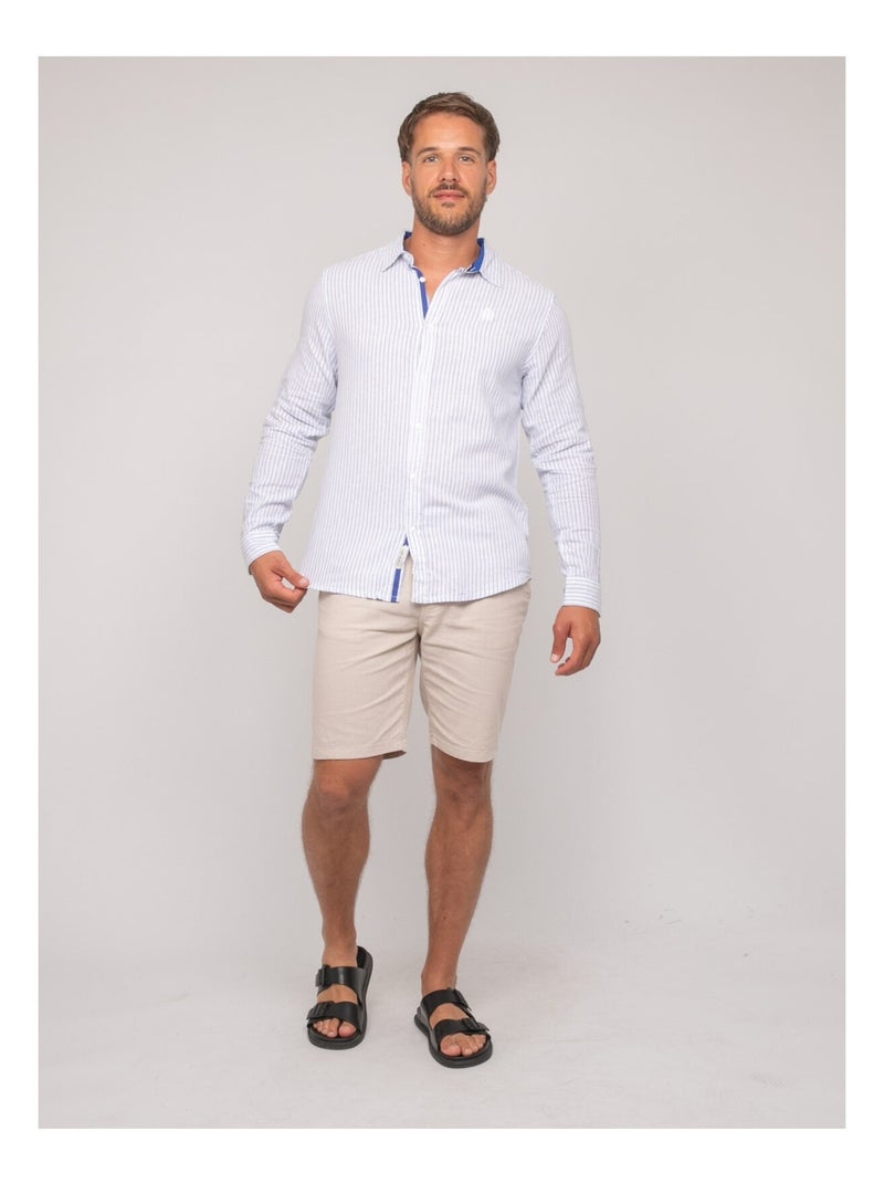 Chemise manches longues lin rayures DUPLAYA Bleu - Kiabi