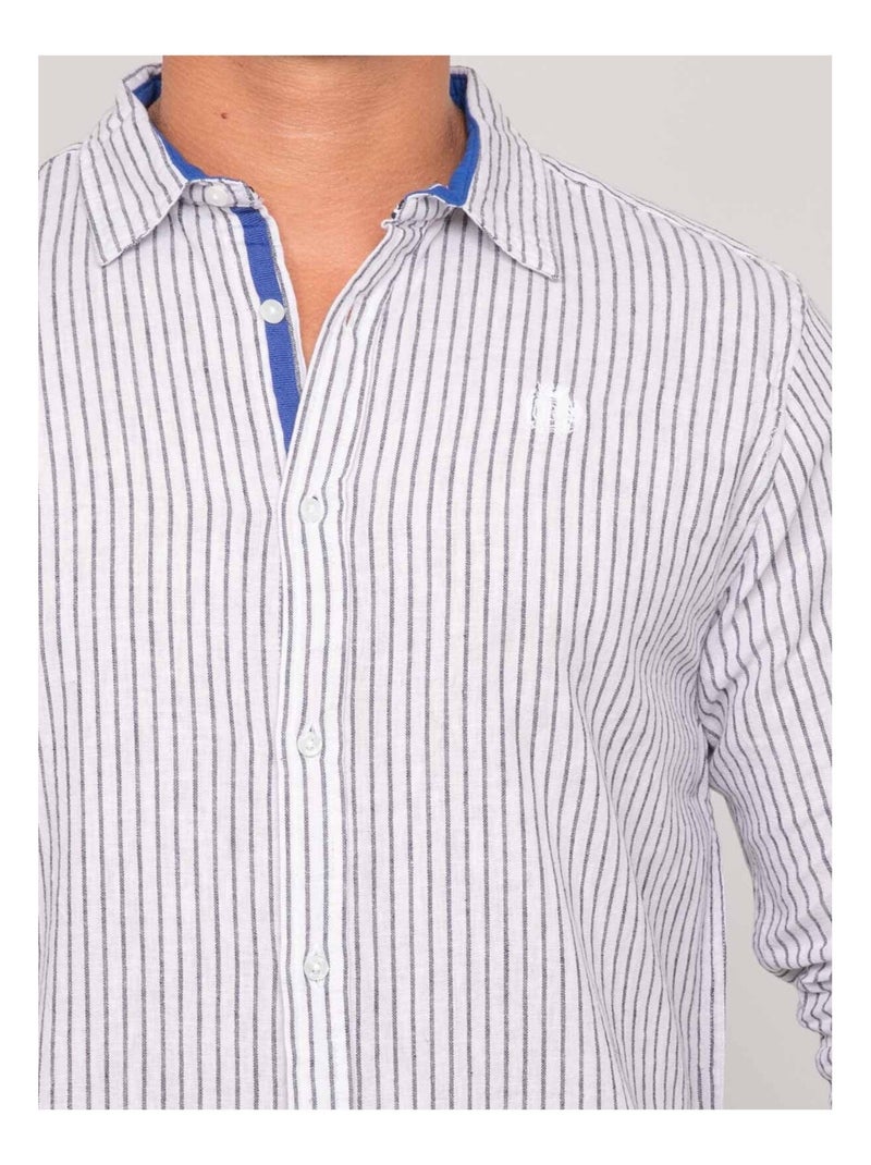 Chemise manches longues lin rayures DUPLAYA Bleu marine - Kiabi