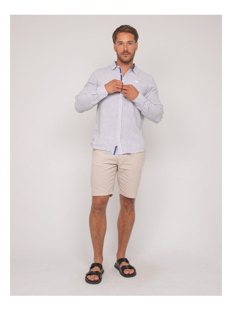 Chemise manches longues lin rayures DUPLAYA Bleu marine - Kiabi