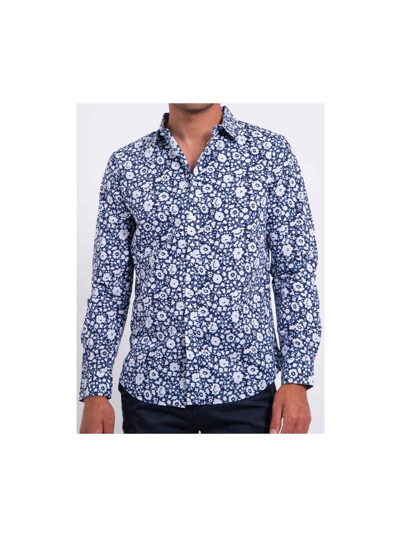 Chemise manches longues pur coton motifs DELVILLE Bleu marine - Kiabi