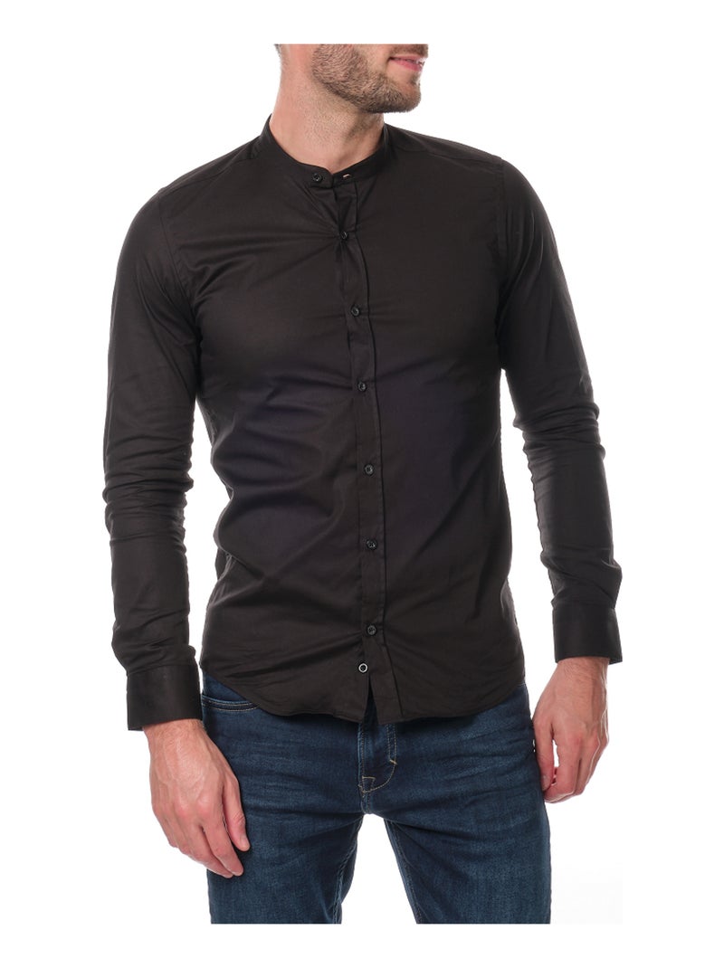 Chemise manches longues unie col mao Noir - Kiabi