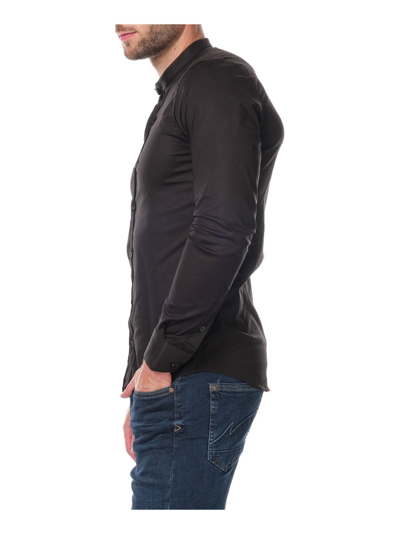 Chemise manches longues unie col mao Noir - Kiabi