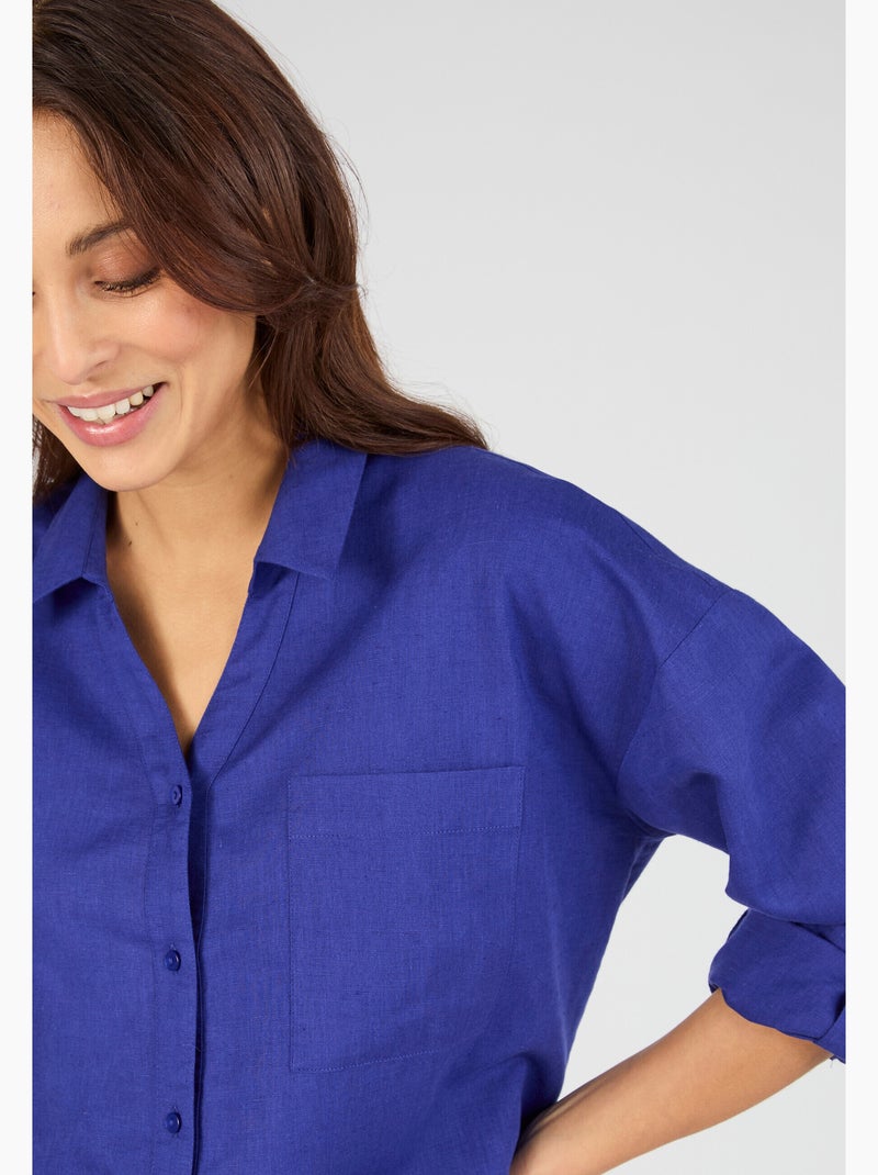 Chemise mélange lin et coton - Damart Bleu - Kiabi