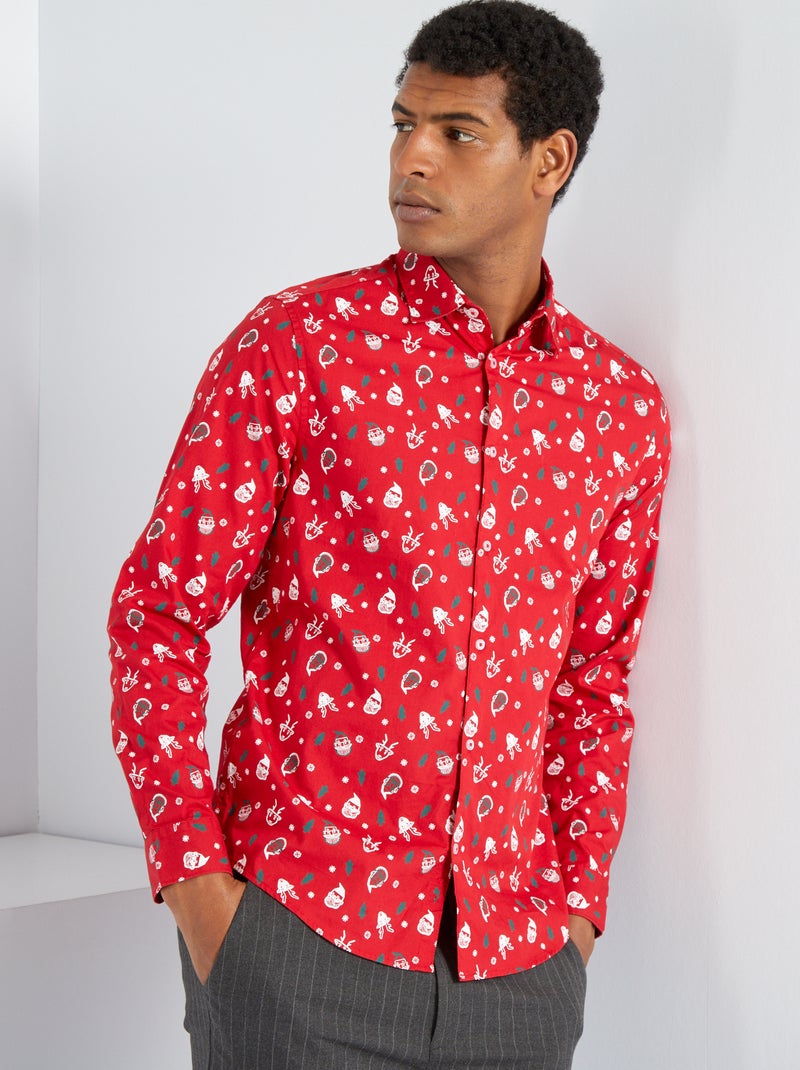 Chemise 'Noël' en popeline rouge - Kiabi