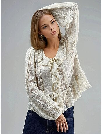 Chemise nouée à col en v et dentelle à volants busem