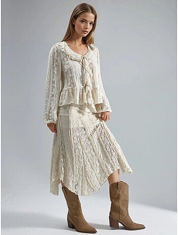 Chemise nouée à col en v et dentelle à volants busem