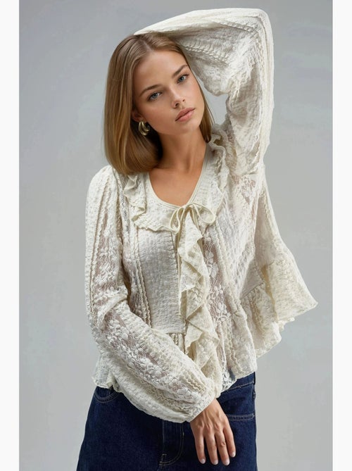 Chemise nouée à col en v et dentelle à volants busem - Kiabi Chemise nouée à col en v et dentelle à volants busem - Kiabi