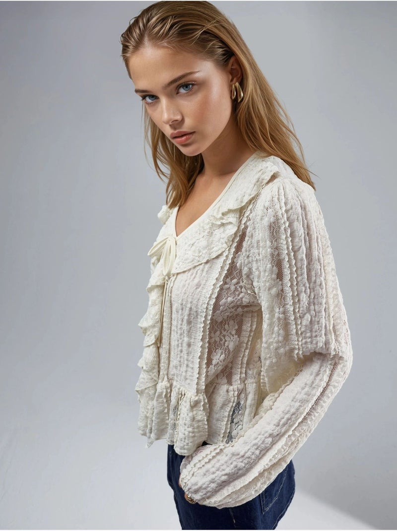 Chemise nouée à col en v et dentelle à volants busem Beige argile - Kiabi