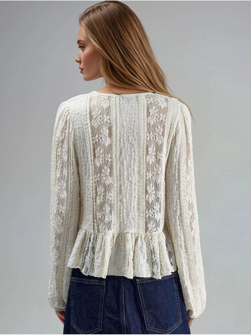 Chemise nouée à col en v et dentelle à volants busem Beige argile - Kiabi