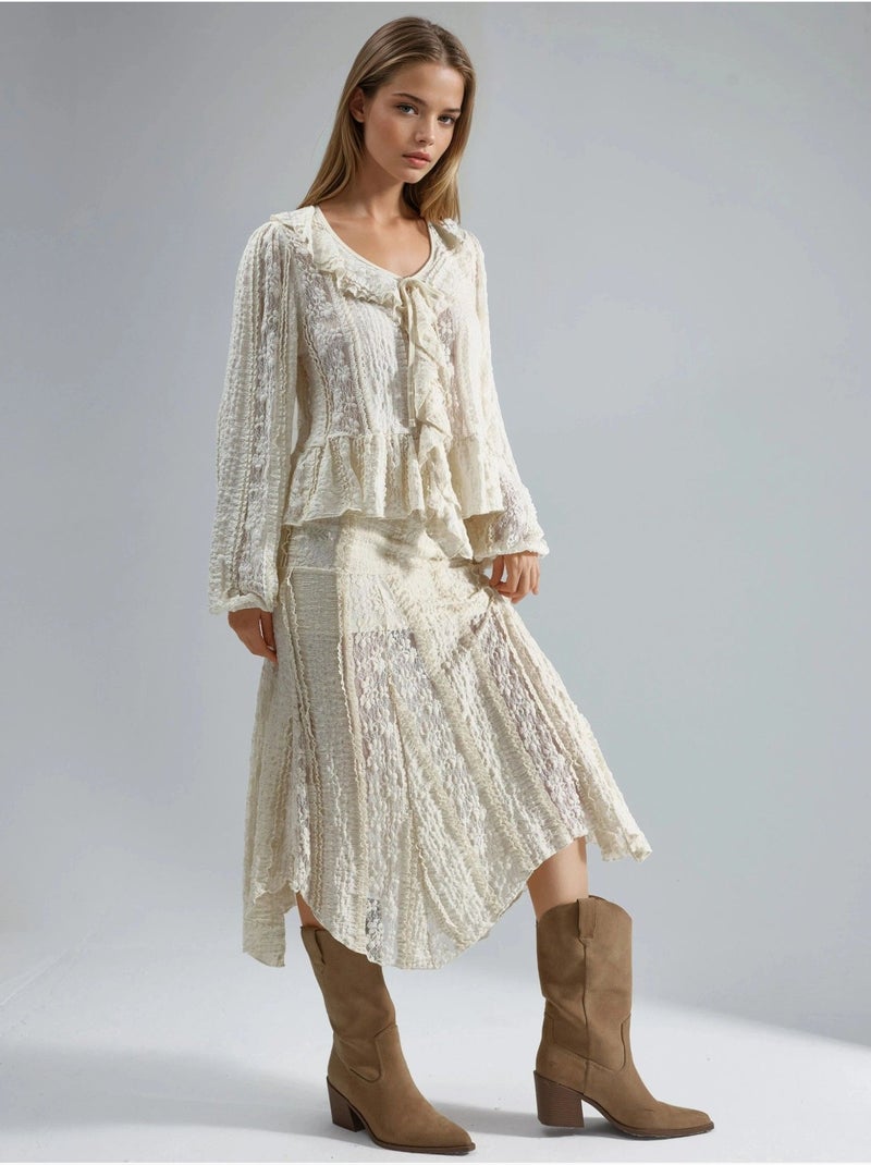 Chemise nouée à col en v et dentelle à volants busem Beige argile - Kiabi