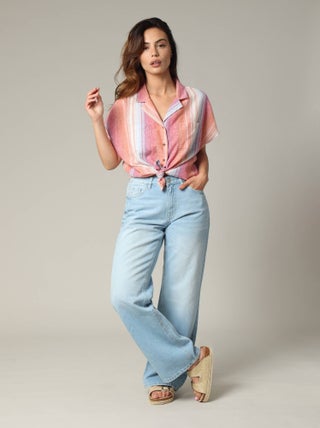 Chemise oversize à boutons en lin à rayures, fils teints 'Deeluxe'
