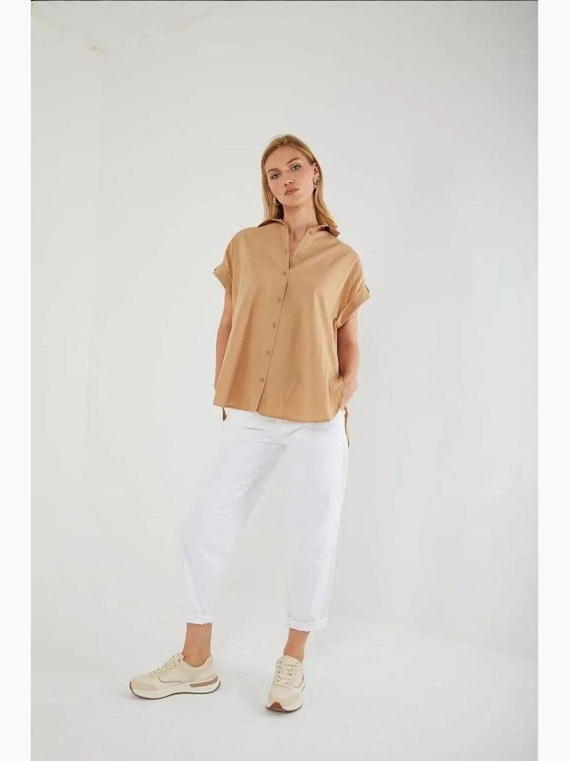 Chemise oversize à manches courtes en popeline boutonnée mixray Beige argile - Kiabi