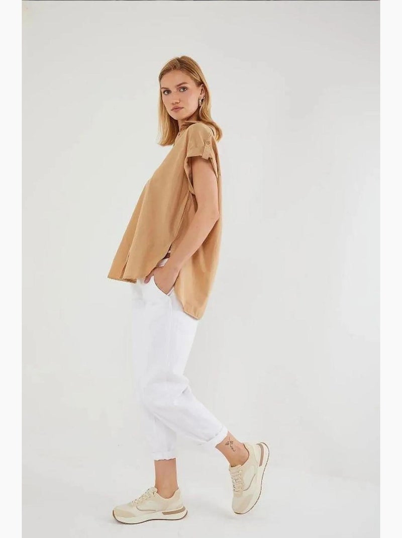 Chemise oversize à manches courtes en popeline boutonnée mixray Beige argile - Kiabi