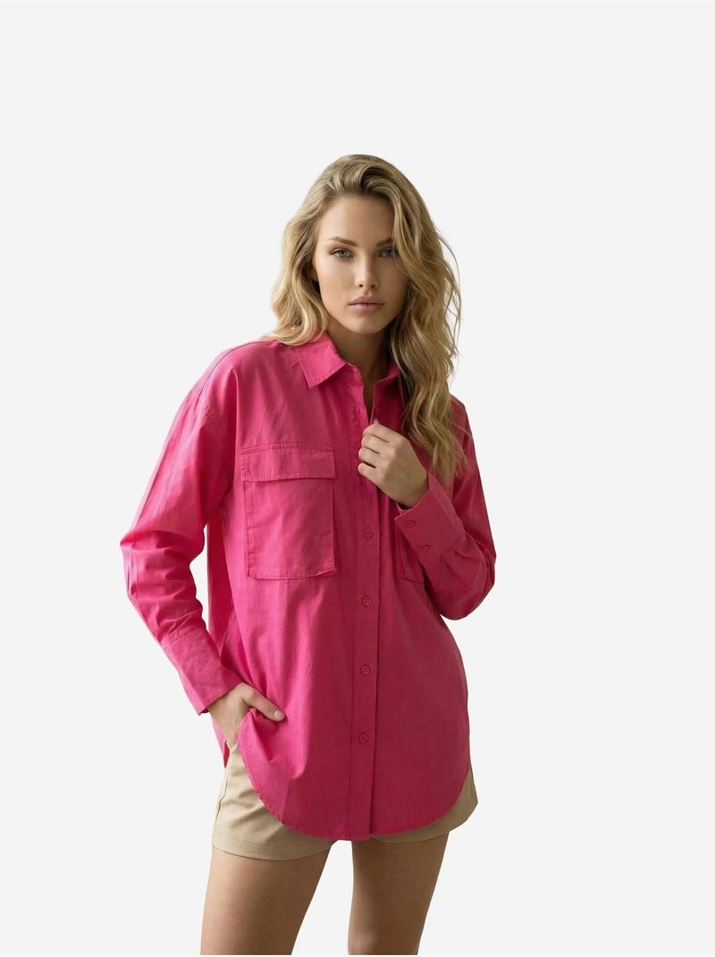 Chemise oversize à manches longues en coton avec poche my fashion Magenta - Kiabi