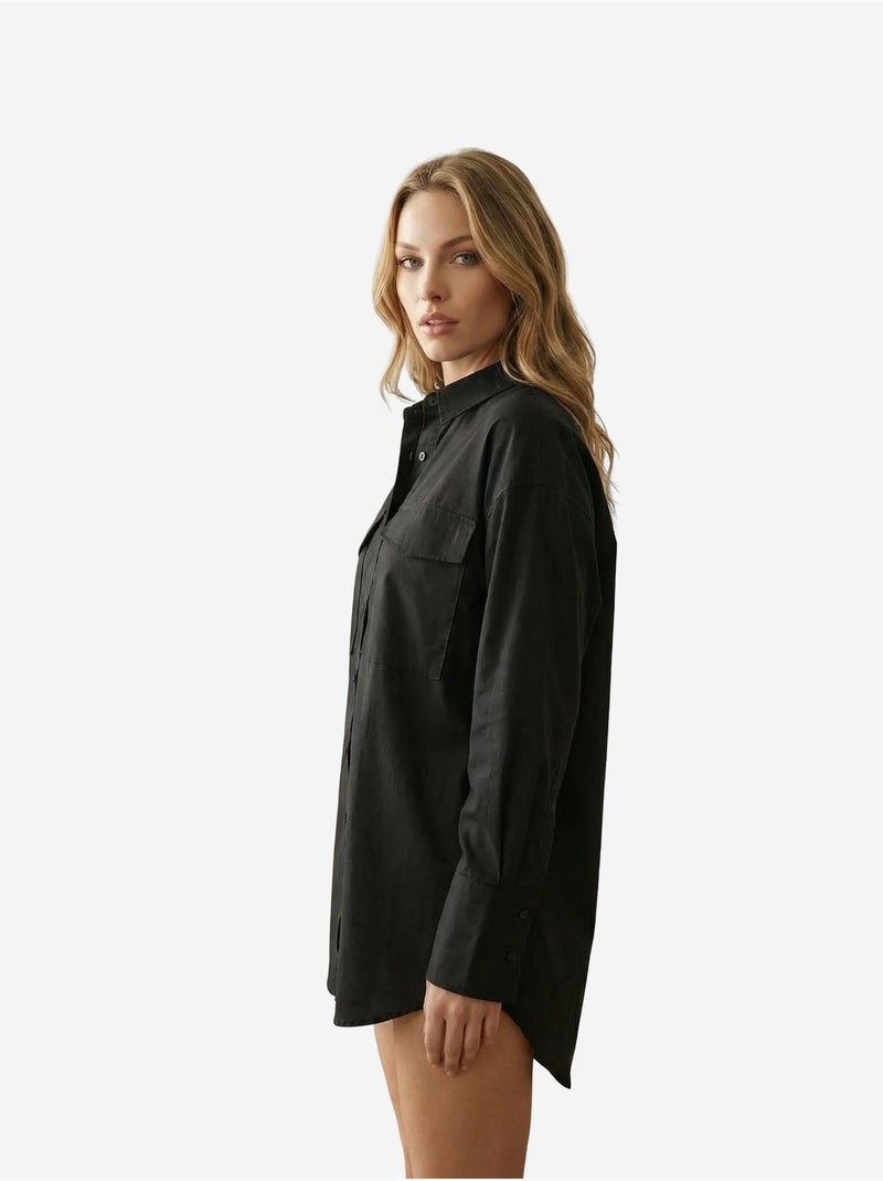 Chemise oversize à manches longues en coton avec poche my fashion Noir - Kiabi