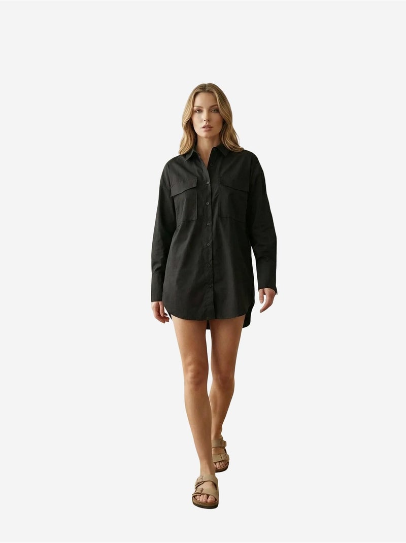 Chemise oversize à manches longues en coton avec poche my fashion Noir - Kiabi