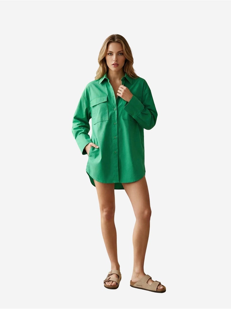 Chemise oversize à manches longues en coton avec poche my fashion Vert émeraude - Kiabi