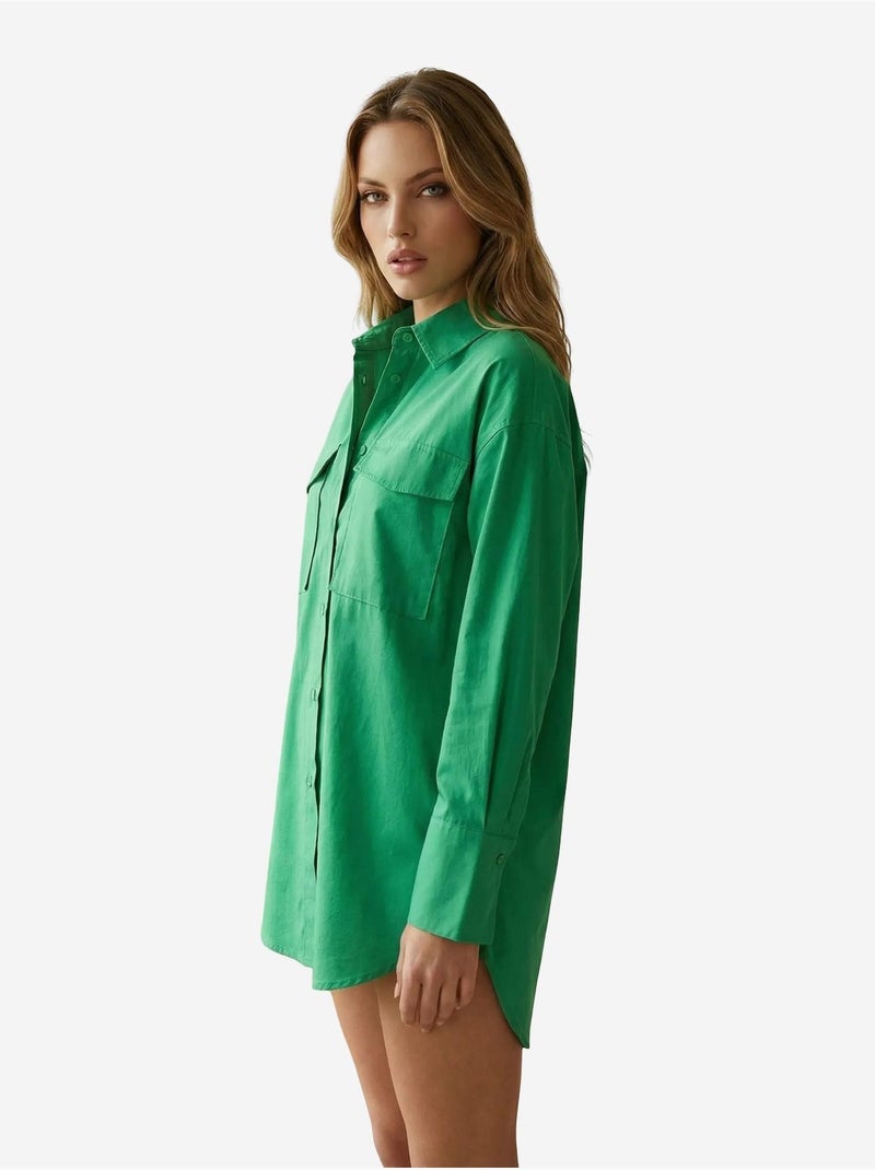 Chemise oversize à manches longues en coton avec poche my fashion Vert émeraude - Kiabi