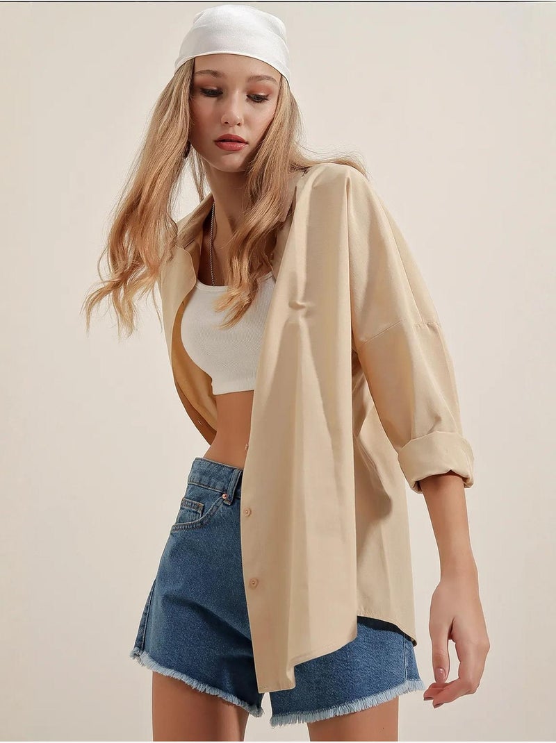 Chemise oversize à motif en popeline avec boutons bdart Beige argile - Kiabi