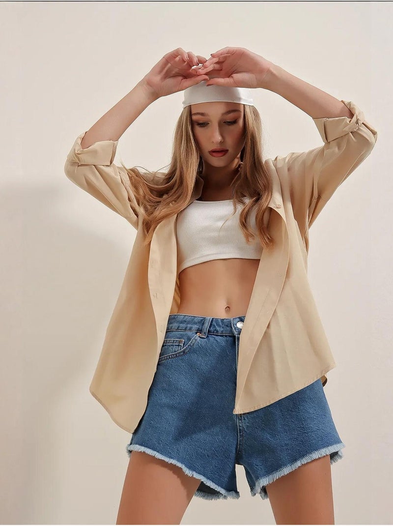 Chemise oversize à motif en popeline avec boutons bdart Beige argile - Kiabi