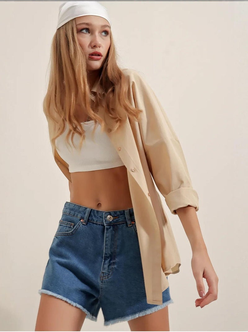 Chemise oversize à motif en popeline avec boutons bdart Beige argile - Kiabi