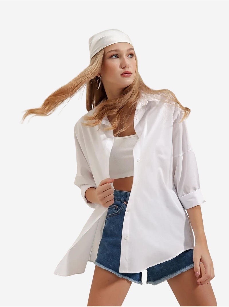 Chemise oversize à motif en popeline avec boutons bdart Blanc - Kiabi