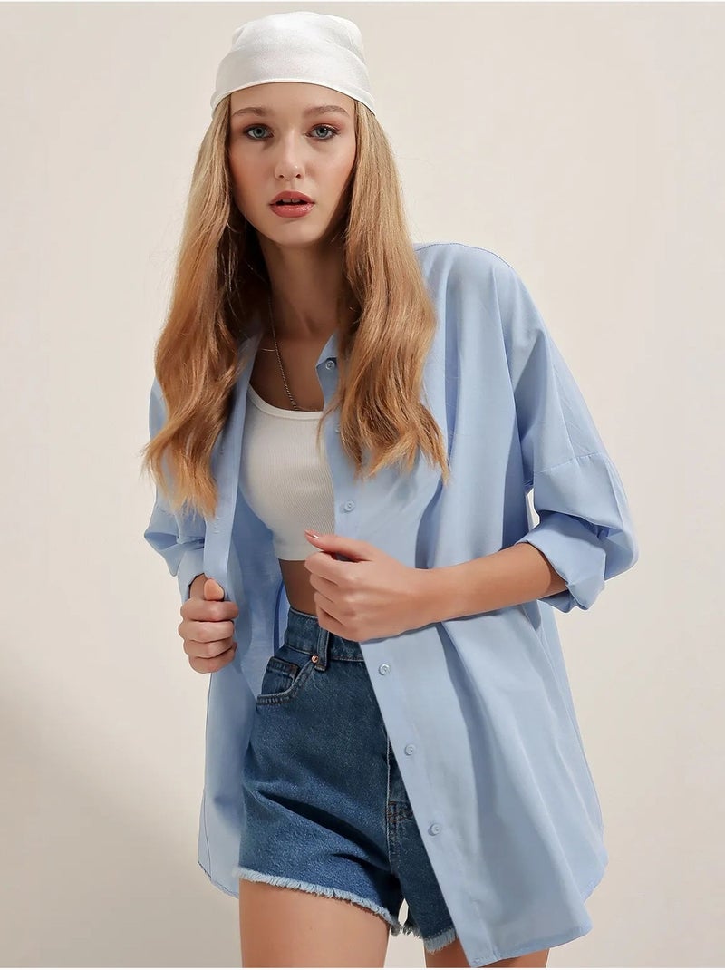 Chemise oversize à motif en popeline avec boutons bdart Bleu clair - Kiabi
