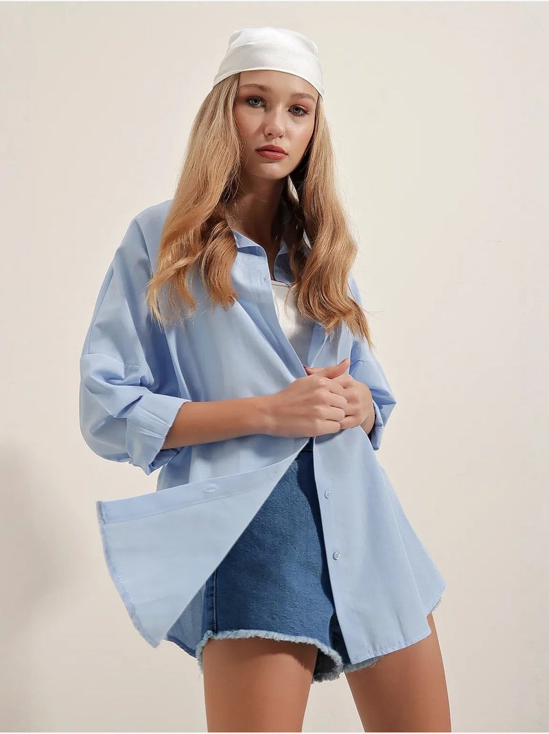 Chemise oversize à motif en popeline avec boutons bdart Bleu clair - Kiabi