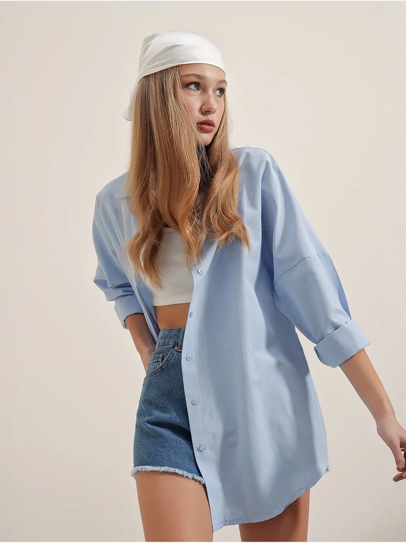 Chemise oversize à motif en popeline avec boutons bdart Bleu clair - Kiabi