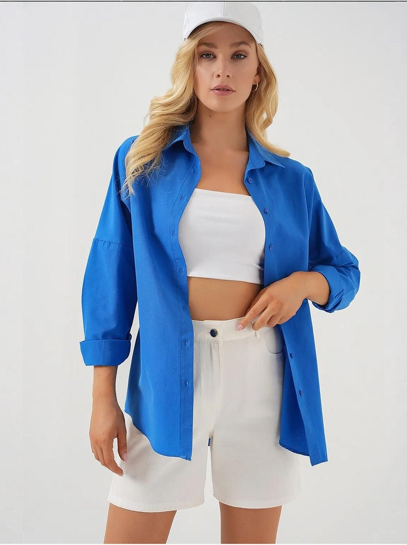 Chemise oversize à motif en popeline avec boutons bdart Bleu cobalt - Kiabi