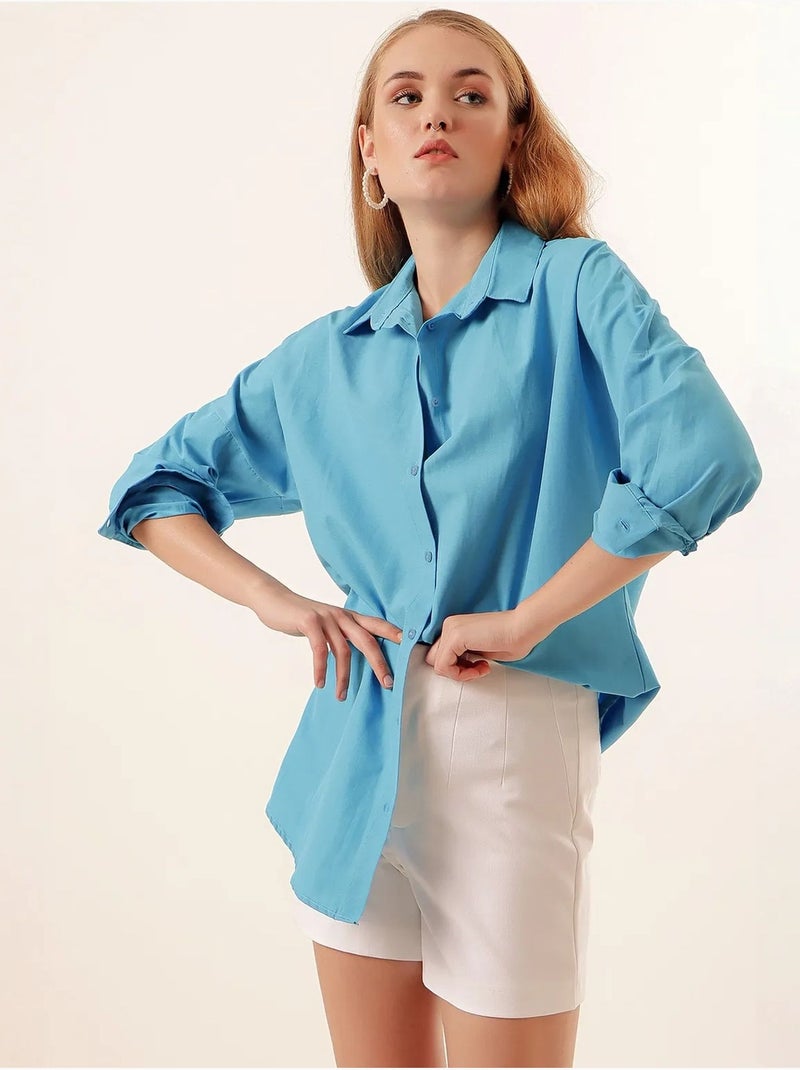 Chemise oversize à motif en popeline avec boutons bdart Bleu - Kiabi