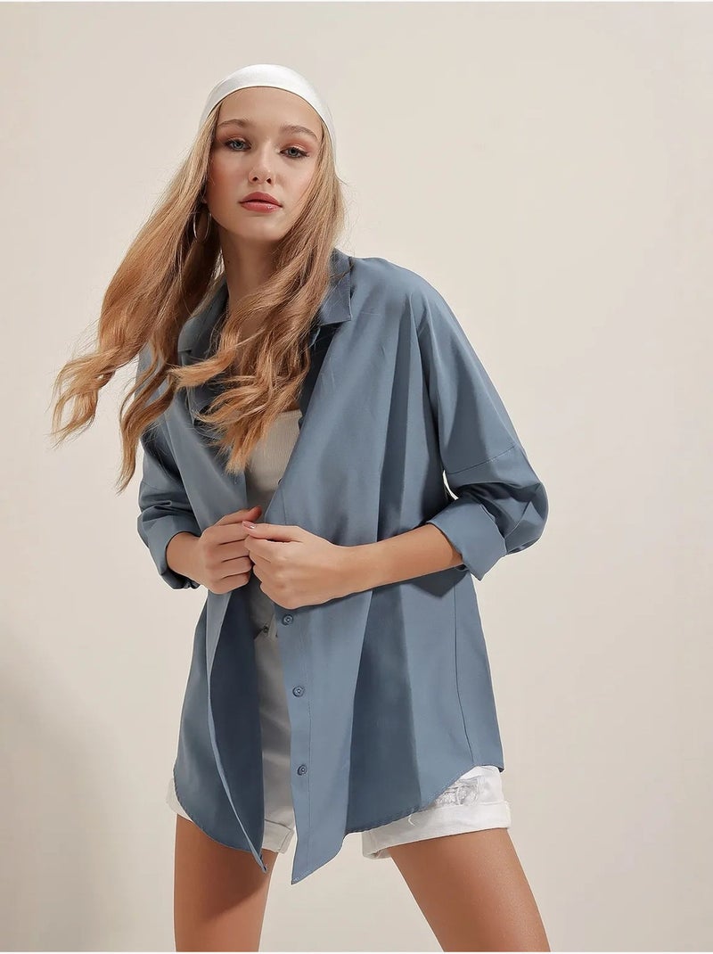 Chemise oversize à motif en popeline avec boutons bdart Bleu saphir - Kiabi