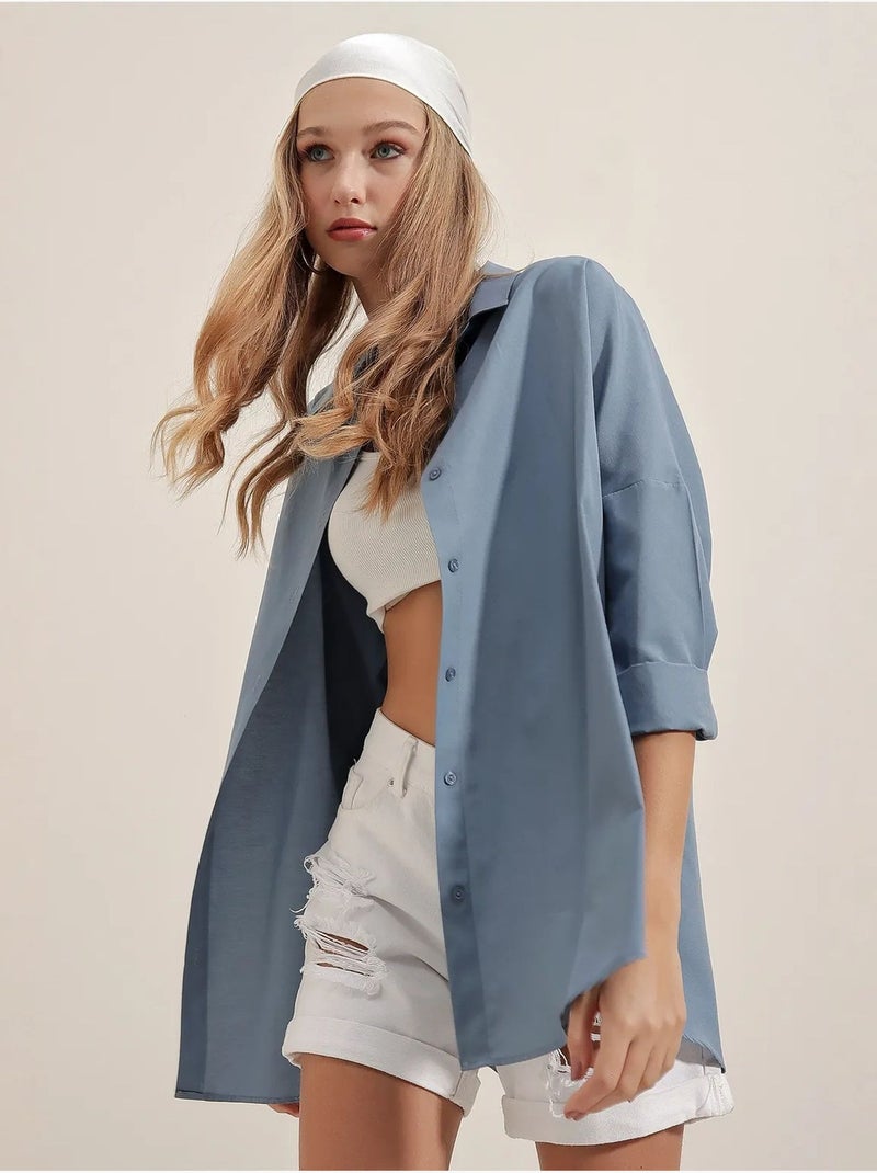 Chemise oversize à motif en popeline avec boutons bdart Bleu saphir - Kiabi